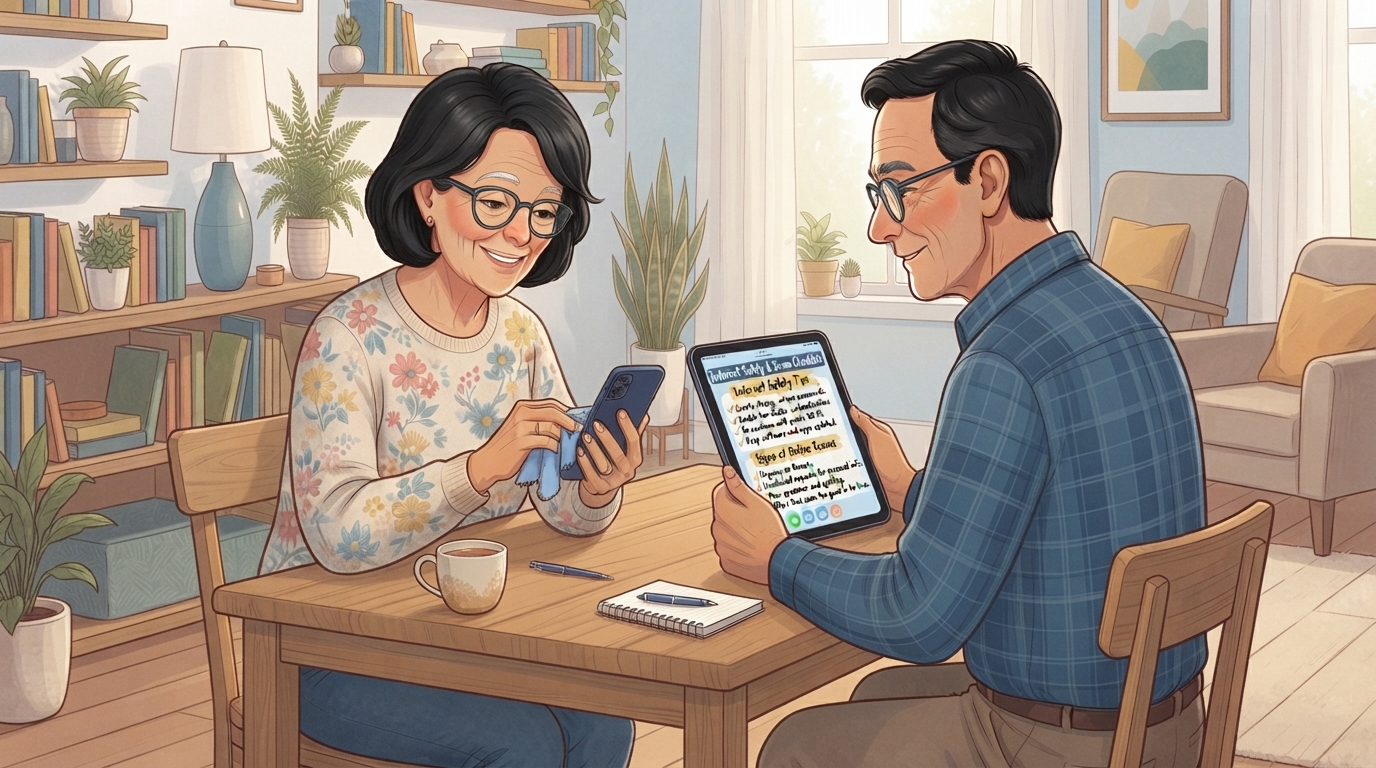 Ilustrasi Ibu & Bapak belajar HP